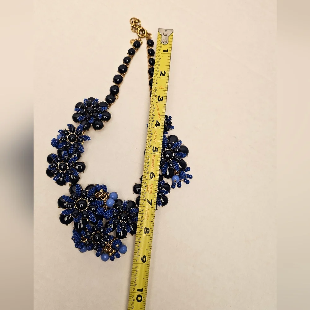 [J. CREW] Gardenia Blue Beaded Chunky Statment Floral Asymmetrical Necklace